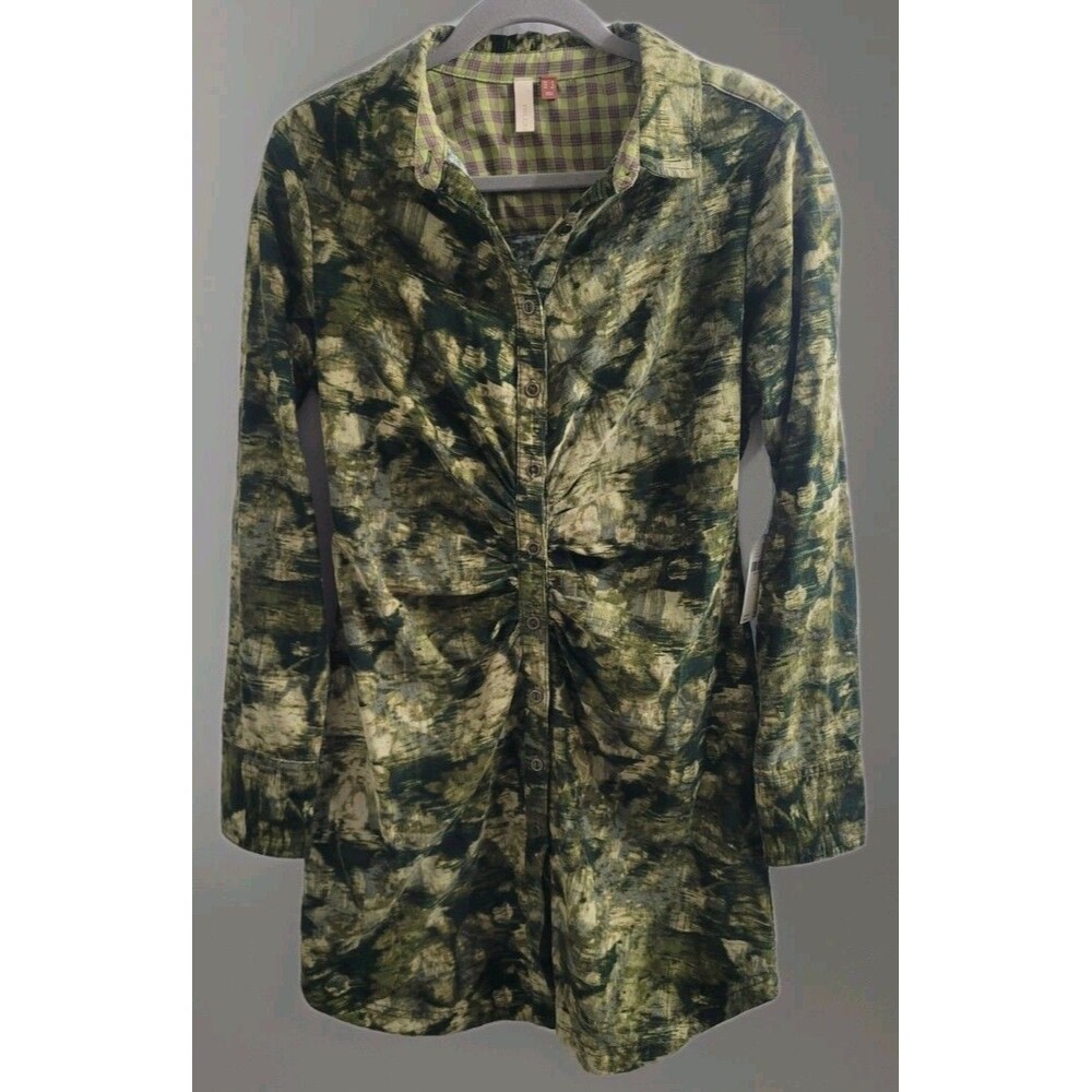 NWT Pilcro Anthropologie Sz 8 Green Ruched Long Sleeve Corduroy Shirt Dress